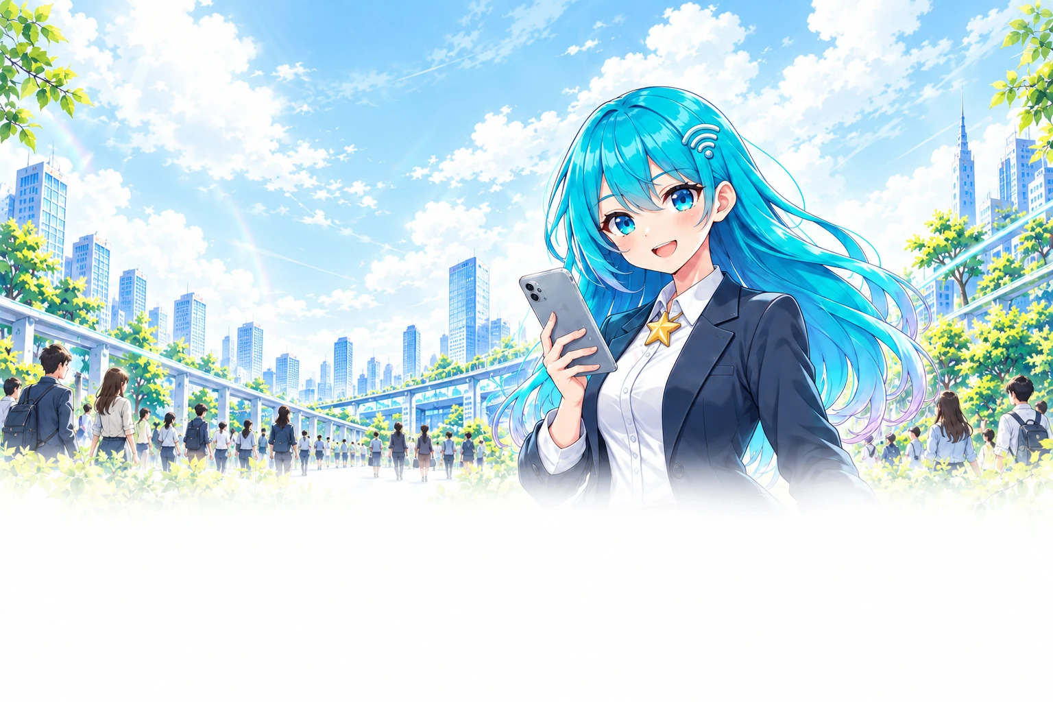 街と人をつなぐ風景の中で、スマートフォンを持つ公式キャラクター・電脳ミナト