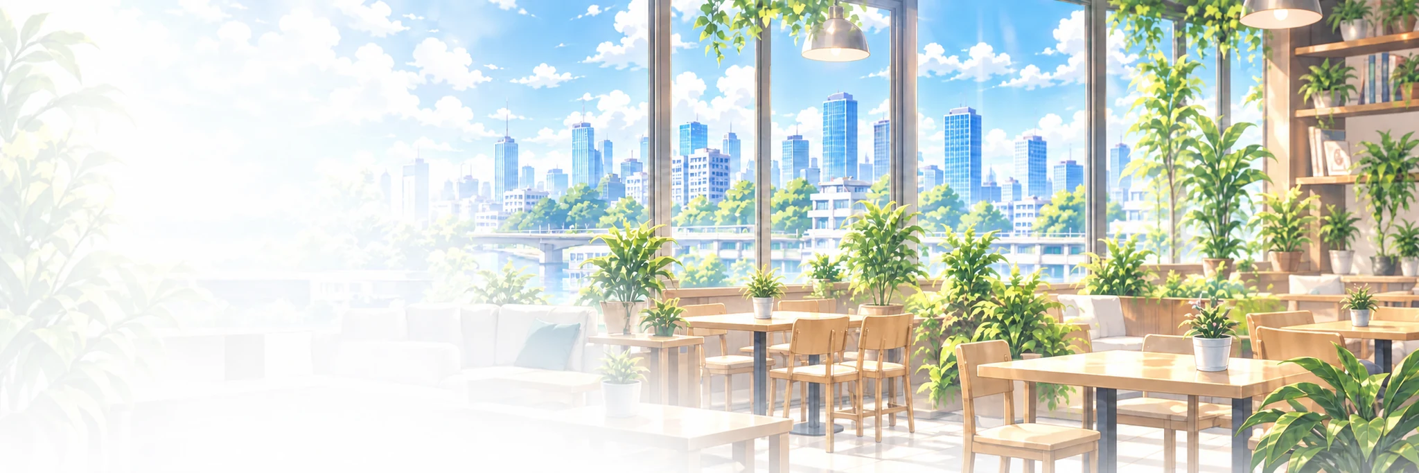 街並みを望む緑豊かな明るいカフェの風景