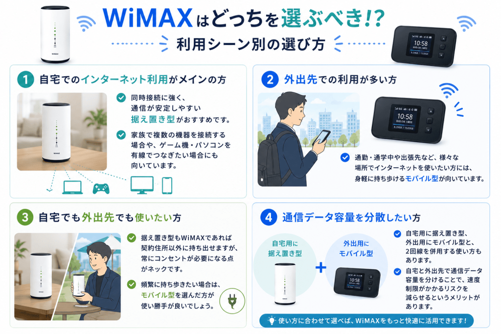 WiMAXはどっちを選ぶべき！？利用シーン別の選び方