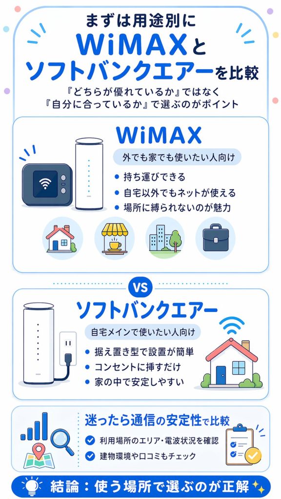 まずは用途別にWiMAXとソフトバンクエアーを比較