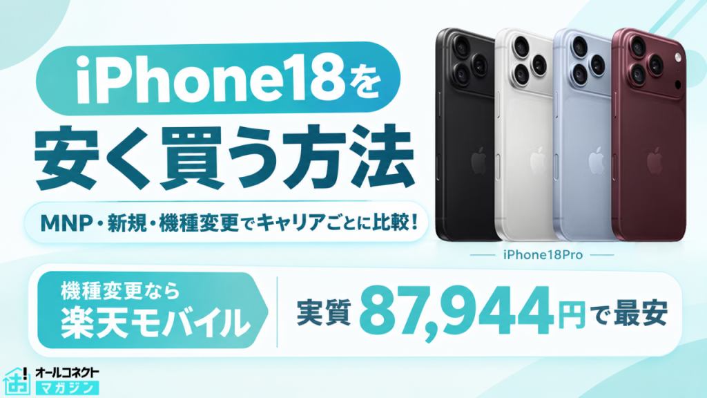 iPhone18を安く買う方法を解説する記事のアイキャッチ。MNP・新規・機種変更それぞれで最安になるキャリアと各社キャンペーン価格を比較
