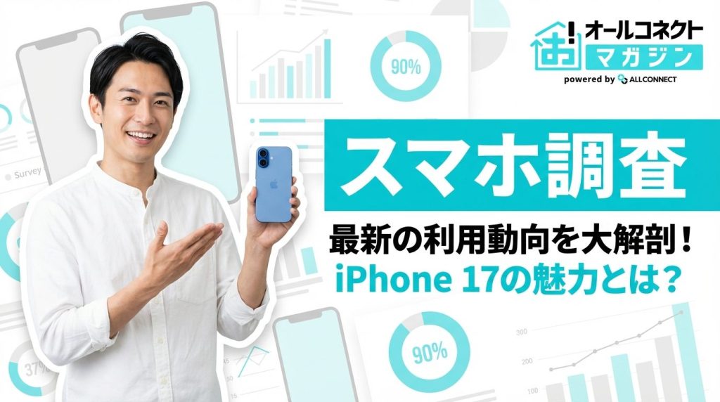 iPhone 17シリーズ購入者実態調査のアイキャッチ画像。笑顔の男性がiPhone 17を持ち、340人への独自調査結果を示すグラフと共に表示。約9割が従来iPhoneユーザー、iPhone 17が最人気、ドコモが6割弱という主要な調査結果をシアンのバッジで強調。オールコネクトマガジンロゴ入り。