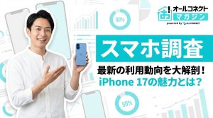 iPhone 17シリーズ購入者実態調査のアイキャッチ画像。笑顔の男性がiPhone 17を持ち、340人への独自調査結果を示すグラフと共に表示。約9割が従来iPhoneユーザー、iPhone 17が最人気、ドコモが6割弱という主要な調査結果をシアンのバッジで強調。オールコネクトマガジンロゴ入り。