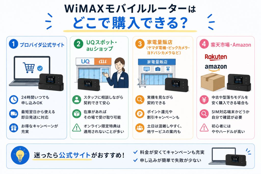 WiMAXモバイルルーターはどこで購入できる？

WiMAXモバイルルーターは、主に以下4つの窓口で購入できます。

それぞれ特徴が異なるため、自分に合った申し込み方法を選びましょう。

1.プロバイダ公式サイト

プラン契約と端末購入がセットになっており、24時間いつでも申し込めます。

最短で申し込んだ翌日から使える即日発送対応のプロバイダもあり、本記事で紹介したキャッシュバックや割引などのキャンペーンも公式サイト経由が中心です。手間をかけずお得に契約したい人に向いています。

2.UQスポット・auショップ

店舗のスタッフに直接相談しながら契約できるのが安心材料です。在庫があればその場で端末を受け取れるため、すぐに使い始めたい人に向いています。

ただし、オンライン限定キャンペーンは適用されないことが多いため、料金の安さを優先するなら公式サイトと比較しておくのがおすすめです。

3.家電量販店（ヤマダ電機・ビックカメラ・ヨドバシカメラなど）

店頭で実機を見ながら契約でき、不明点をその場で質問できます。

不定期でポイント還元や割引キャンペーンを実施していることもありますが、土日は混雑しやすく、他サービスの案内を受けることもある点は留意しましょう。

4.楽天市場・Amazon

中古端末や型落ちモデルを定価より安く購入できる場合があります。

ただし、プラン契約とは別に「SIMカードに対応した端末かどうか」を自分で確認する必要があるため、初心者にはややハードルが高い方法です。

料金の安さとキャンペーンの充実度を優先するなら、先に紹介したプロバイダの公式サイトから申し込むのが最も分かりやすく、失敗が少ない方法です。