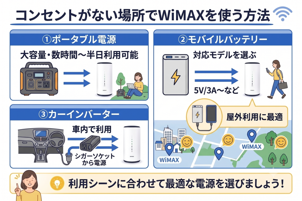コンセントがない場所で使うための電源確保の方法