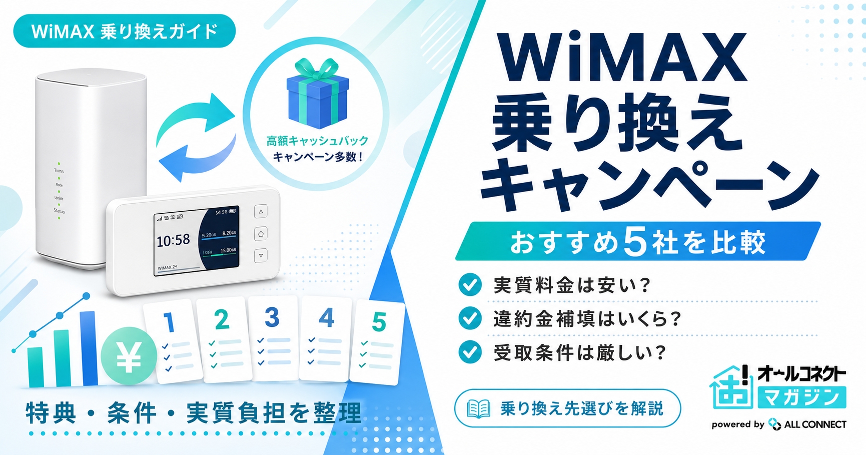 WiMAX乗り換えキャンペーン比較｜おすすめプロバイダ5社の条件と特典内容