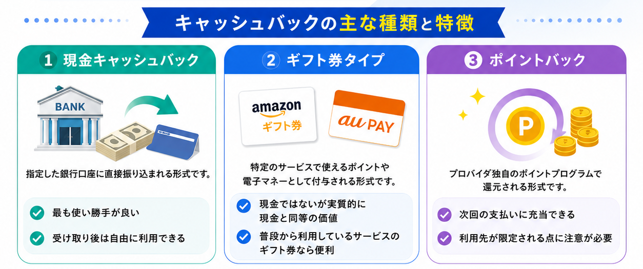 キャッシュバックの主な種類