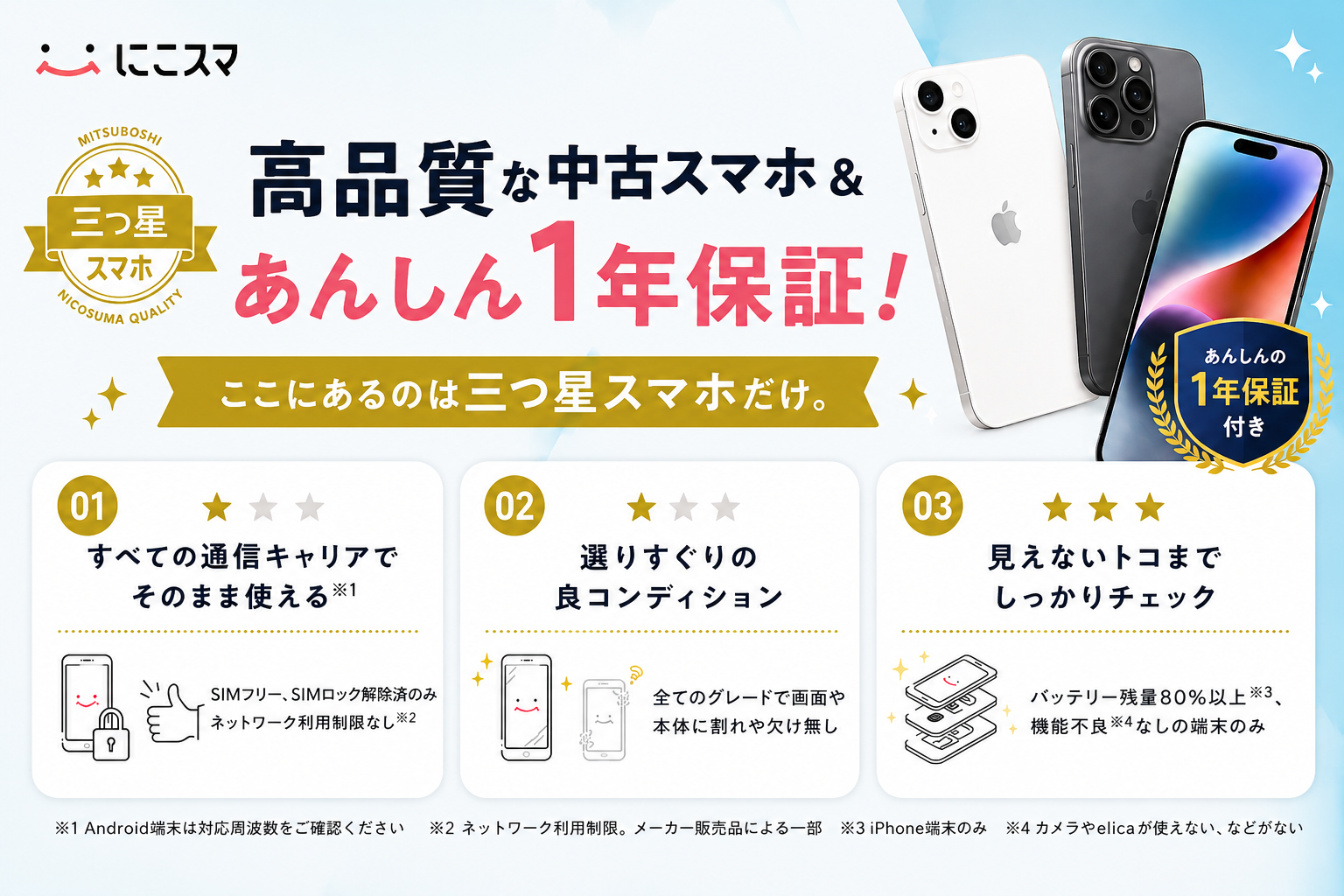 にこスマの中古スマホは送料・代引き手数料無料、あんしん1年保証つき
