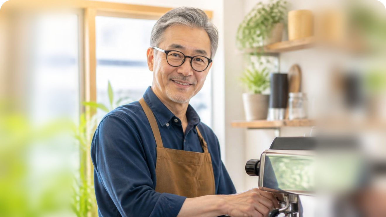 カフェで働くシニア男性